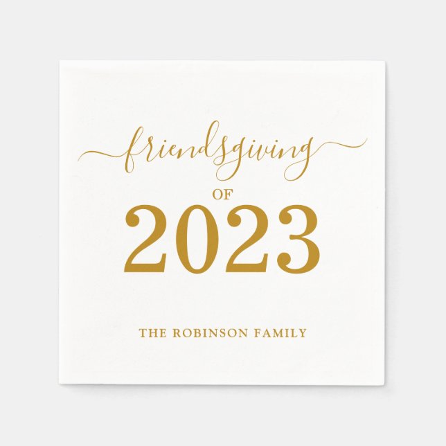 Friendsgiving of 2023 Gold Script thanksgiving Napkin (Front)