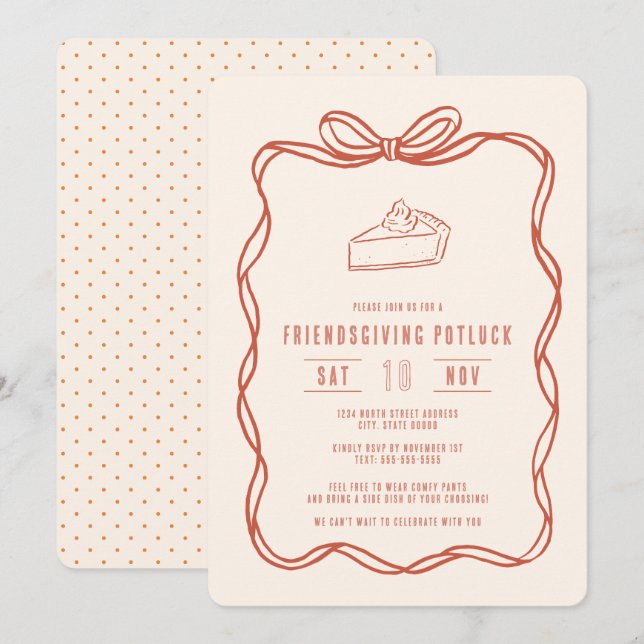 Friendsgiving Potluck Dinner Coquette Bow Pie Invitation (Front/Back)