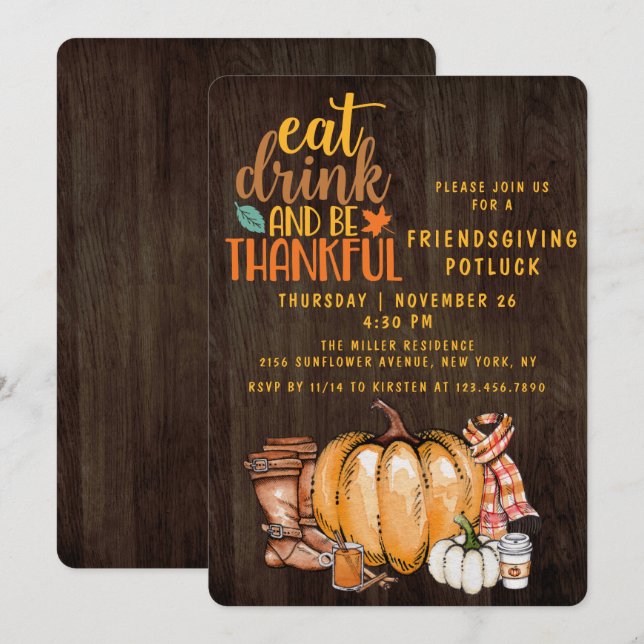 Friendsgiving Potluck Dinner Modern Watercolor Invitation (Front/Back)
