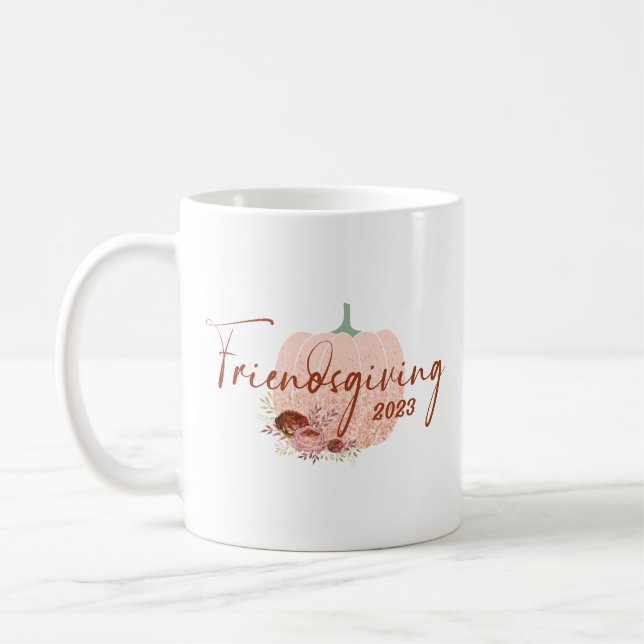 Friendsgiving Rose Gold Glitter Pumpkin Coffee Mug (Left)