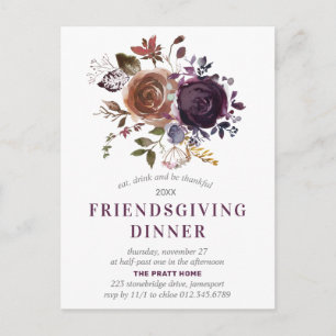Friendsgiving Rustic Boho Purple Floral Invitation Postcard