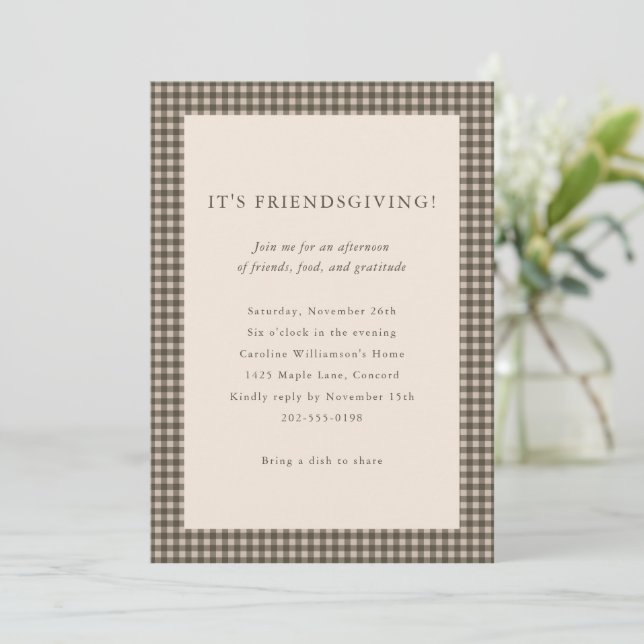 Friendsgiving Taupe Gingham Dinner Custom Fall Invitation (Standing Front)
