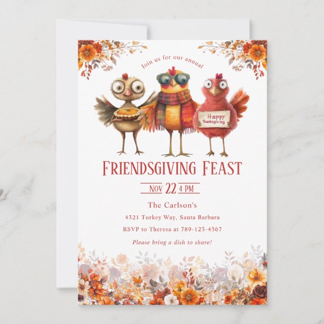 Friendsgiving Thanksgiving Cute Turkey Invitation (Front)