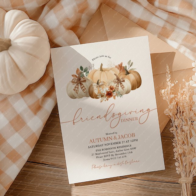 Friendsgiving Thanksgiving Dinner Pumpkin Bows Invitation (Friendsgiving Pumpkin Patch with Bows dinner invitation)