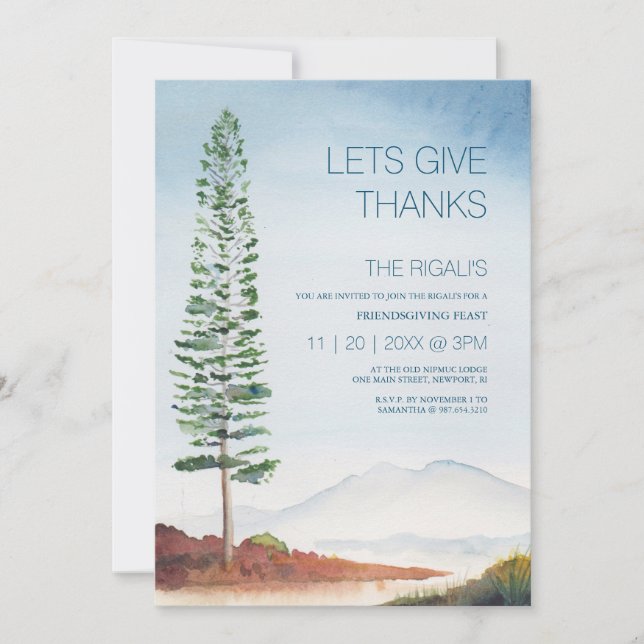 Friendsgiving Thanksgiving Watercolor Pine Tree Invitation (Front)