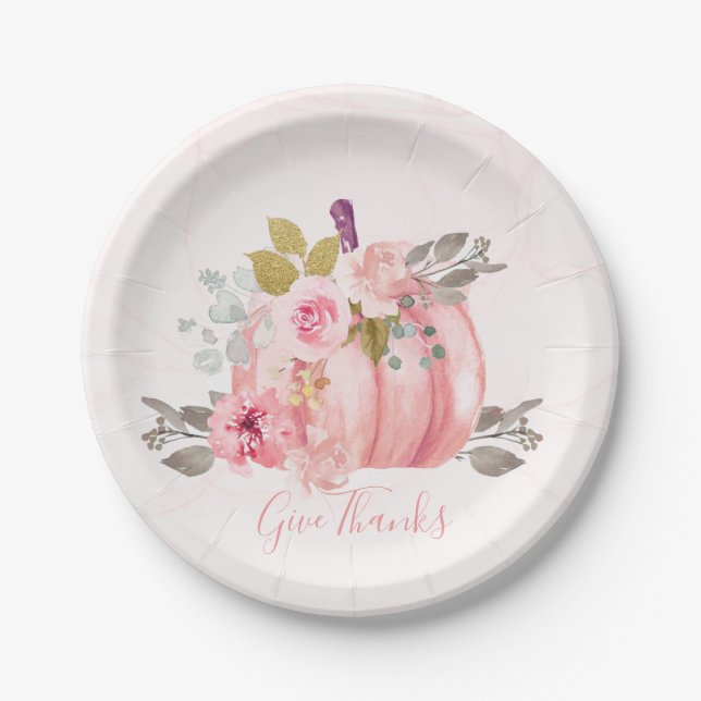 Friendsgiving Thanksgiving Watercolor Pumpkin Pink Paper Plate (Front)
