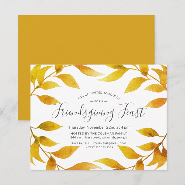 Friendsgiving Watercolor Autumn Gold Willow Wreath Invitation (Front/Back)