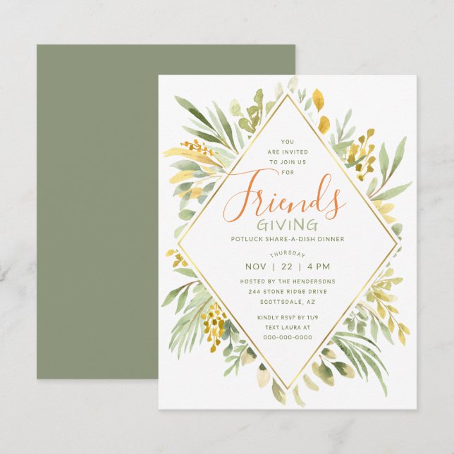 Friendsgiving Watercolor Elegant Greenery Invitation (Front/Back)