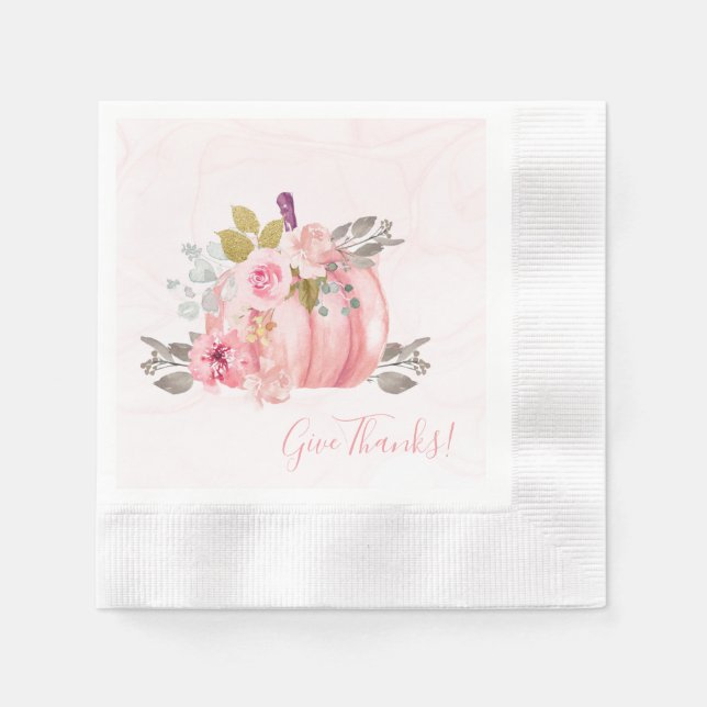 Friendsgiving Watercolor Pumpkin Peony Lets Gather Napkin (Front)