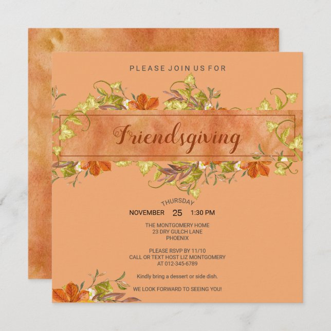 Friendsgiving  Watercolor Rustic Fall Leaves Invitation (Front/Back)