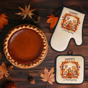 Friendsgiving Woodland Animals Autumn Leaves Oven Mitt & Pot Holder Set