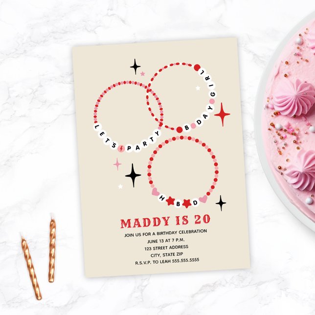 Friendship Bracelets Pink & Red Birthday Invitation (Creator Uploaded)