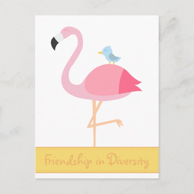 Friendship Cartoon: Pink Flamingo with Blue Bird Postcard (Front)