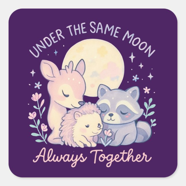 friendship, cute forest animals, under the moon square sticker (Front)