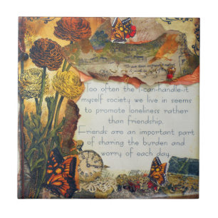 Friendship Flowers Butterflies Mixed Media Collage Tile