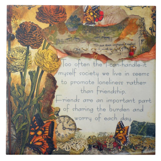 Friendship Flowers Butterflies Mixed Media Collage Tile (Front)