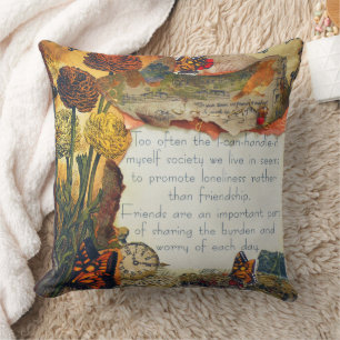 Friendship Mixed Media Flowers Butterflies Collage Throw Pillow