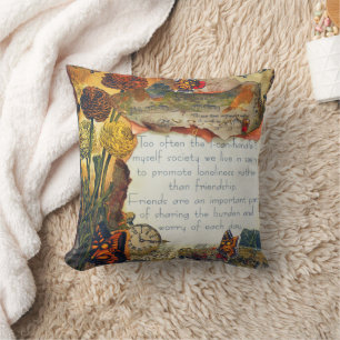 Friendship Mixed Media Flowers Butterflies Collage Throw Pillow