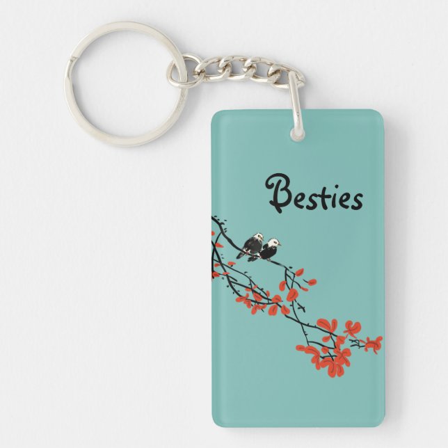 Friendship Quote Two Birds Red Leaves Monogram Key Keychain (Front)