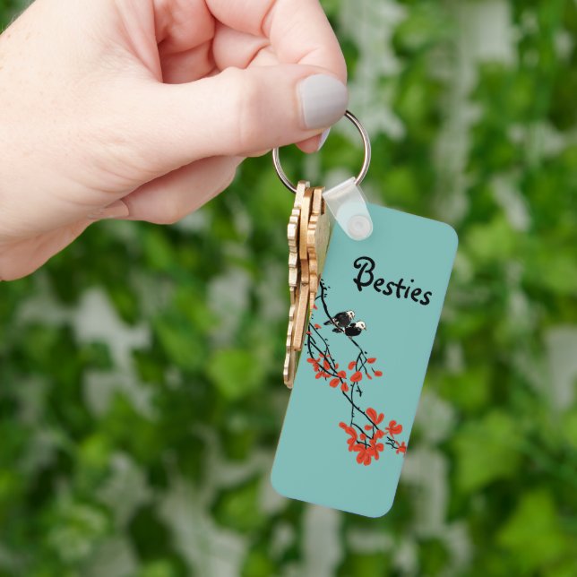 Friendship Quote Two Birds Red Leaves Monogram Keychain (Hand)