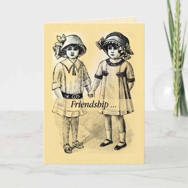 Friendship Vintage Girls in Hats Holding Hands Card (Front)