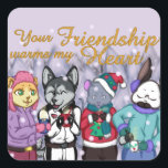 Friendship Warms the Heart Square Sticker<br><div class="desc">A cat,  dog,  mouse,  and rabbit warm up with a cup of hot chocolate on a cold,  snowy evening. The four of them are good friends and enjoy spending time with each other during the holidays. This Christmas,  may the warmth of friendship fill your heart!</div>