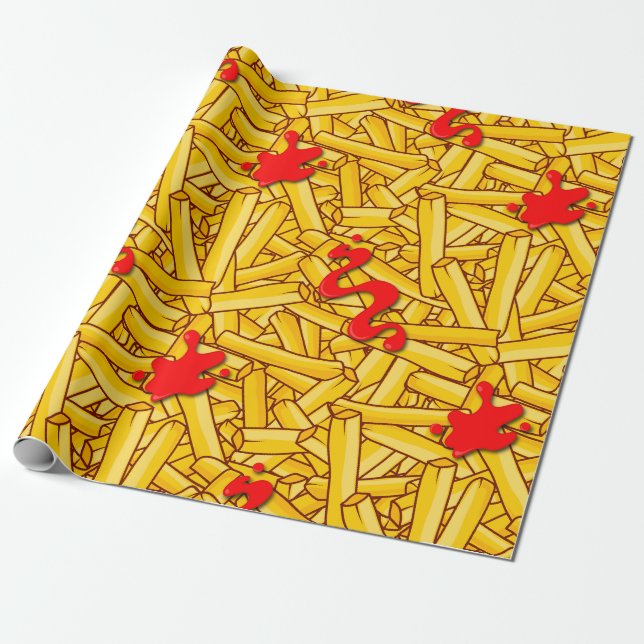 Fries and Ketchup Funny Wrapping Paper (Unrolled)