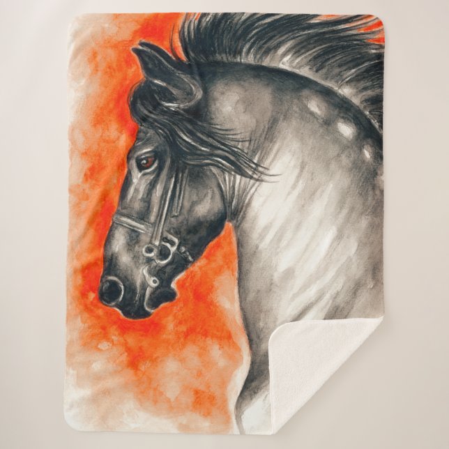 Friesian Beauty Black Horse Watercolor Art Sherpa Blanket (Front)