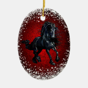 Friesian, black stallion 3,snow, red granite ceramic ornament