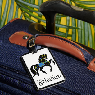 Friesian, black stallion/folk Friesian image blue Luggage Tag