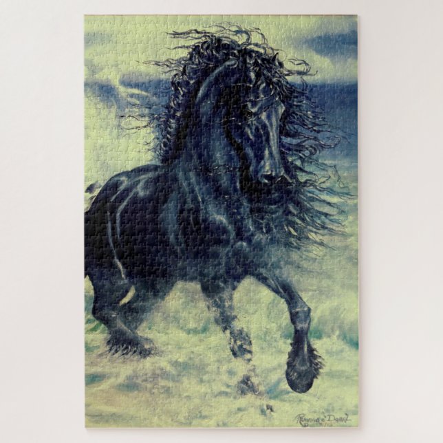 Friesian black stallion horse in ocean waves jigsaw puzzle (Vertical)