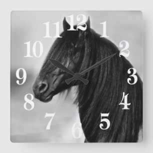Friesian black stallion horse square wall clock