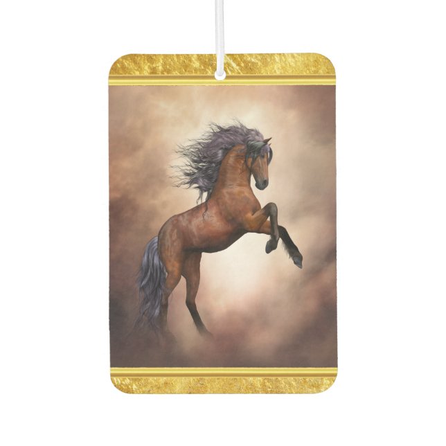 Friesian brown horse rearing up with misty clouds air freshener (Front)