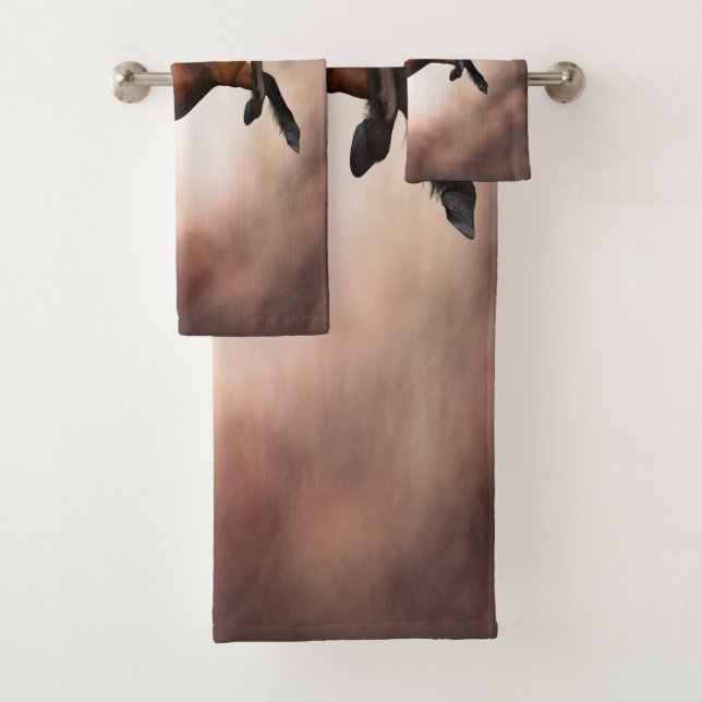 Friesian brown horse rearing up with misty clouds bath towel set (Insitu)