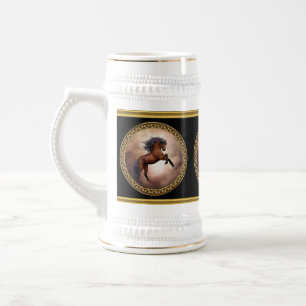 Friesian brown horse rearing up with misty clouds beer stein