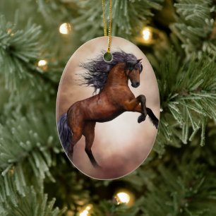 Friesian brown horse rearing up with misty clouds ceramic ornament