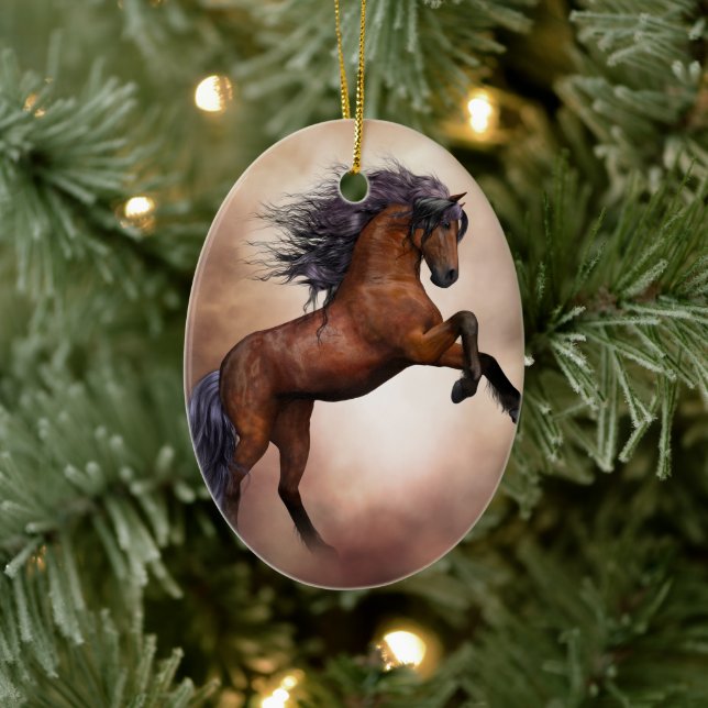 Friesian brown horse rearing up with misty clouds ceramic ornament (Tree)