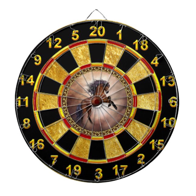 Friesian brown horse rearing up with misty clouds dartboard (Front)