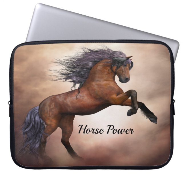 Friesian brown horse rearing up with misty clouds laptop sleeve (Front)