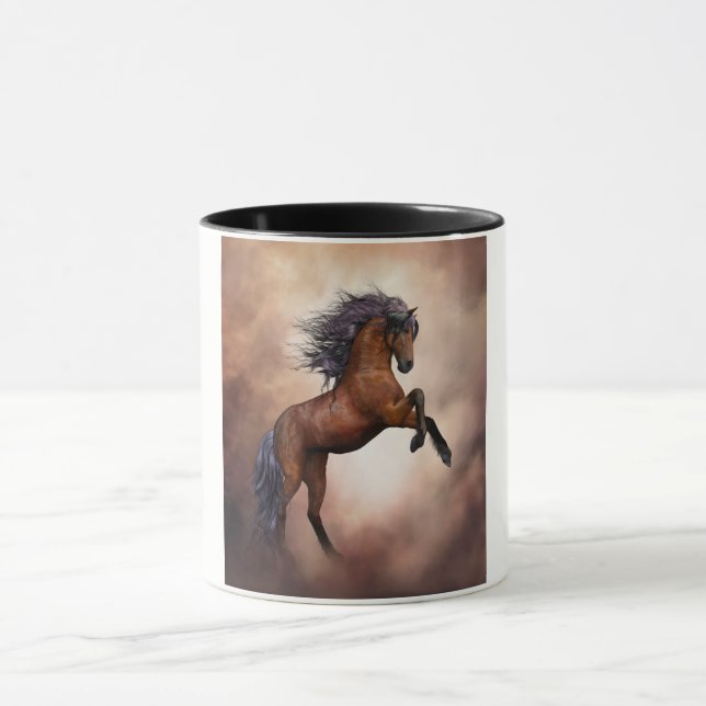 Friesian brown horse rearing up with misty clouds mug (Center)