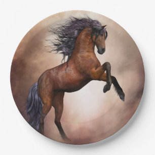 Friesian brown horse rearing up with misty clouds paper plate