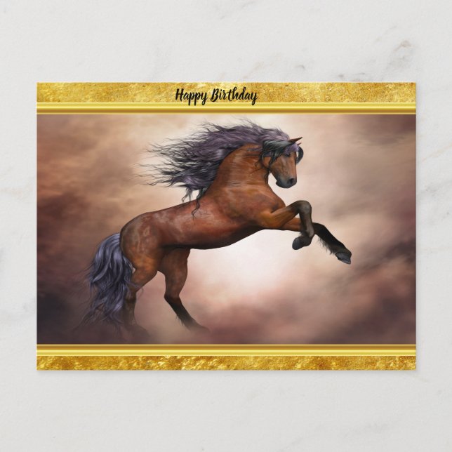 Friesian brown horse rearing up with misty clouds postcard (Front)