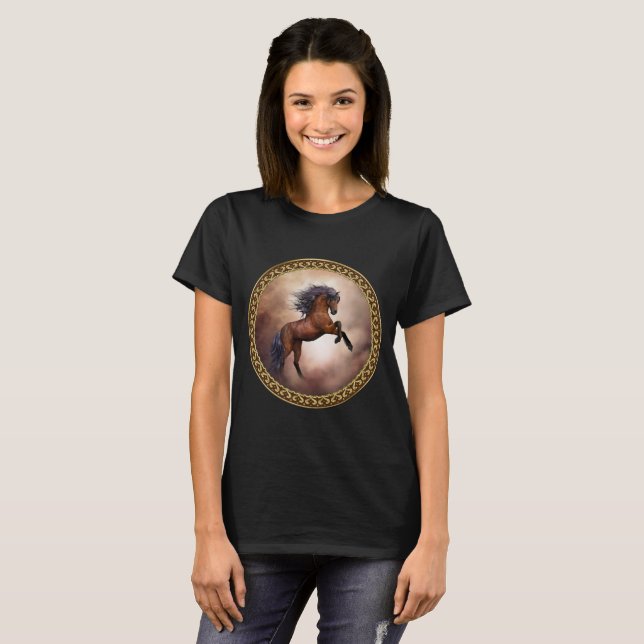 Friesian brown horse rearing up with misty clouds T-Shirt (Front Full)