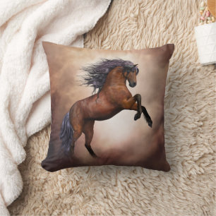 Friesian brown horse rearing up with misty clouds throw pillow