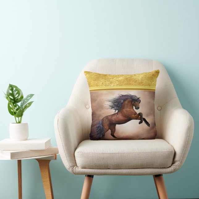 Friesian brown horse rearing up with misty clouds throw pillow (Chair)