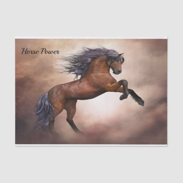 Friesian brown horse rearing up with misty clouds tissue paper (Front)