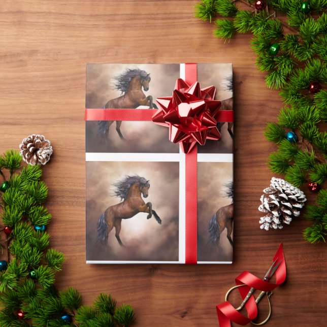 Friesian brown horse rearing up with misty clouds wrapping paper (Holiday Gift)