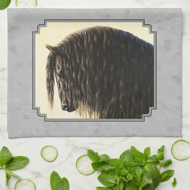 Friesian Draught Horse Silver Grey Kitchen Towel (Folded)