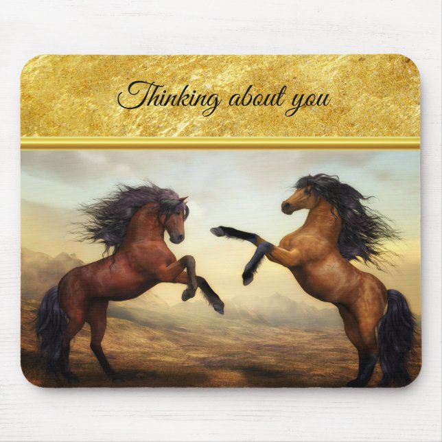 Friesian Draught Horses in a rocky mountain valley Mouse Pad (Front)