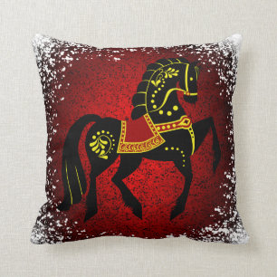 Friesian Folk black stallion/black beauty red Throw Pillow